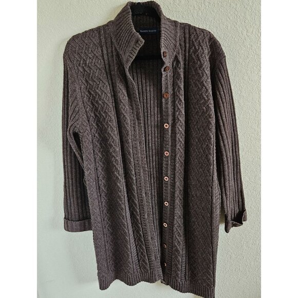 Karen Scott Woman Size M Brown Knee Length Button Up Cable Knit Cardigan Belted - Picture 1 of 9
